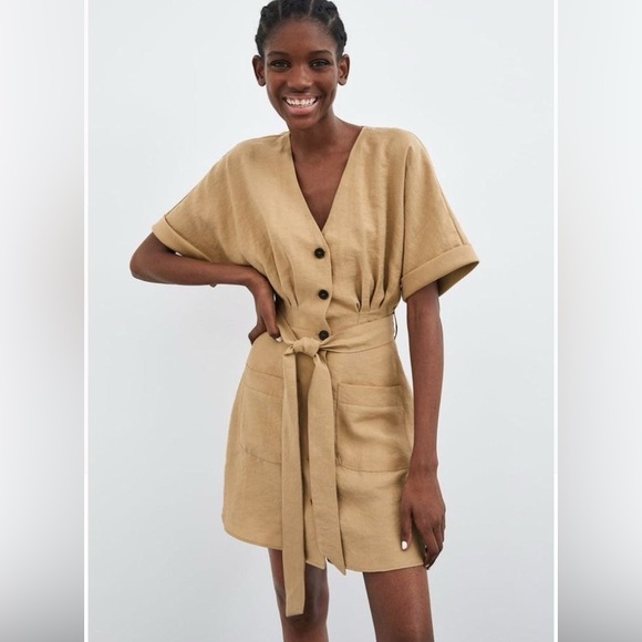 Zara Belted Khaki Mini Dress Size Medium - Picture 1 of 10